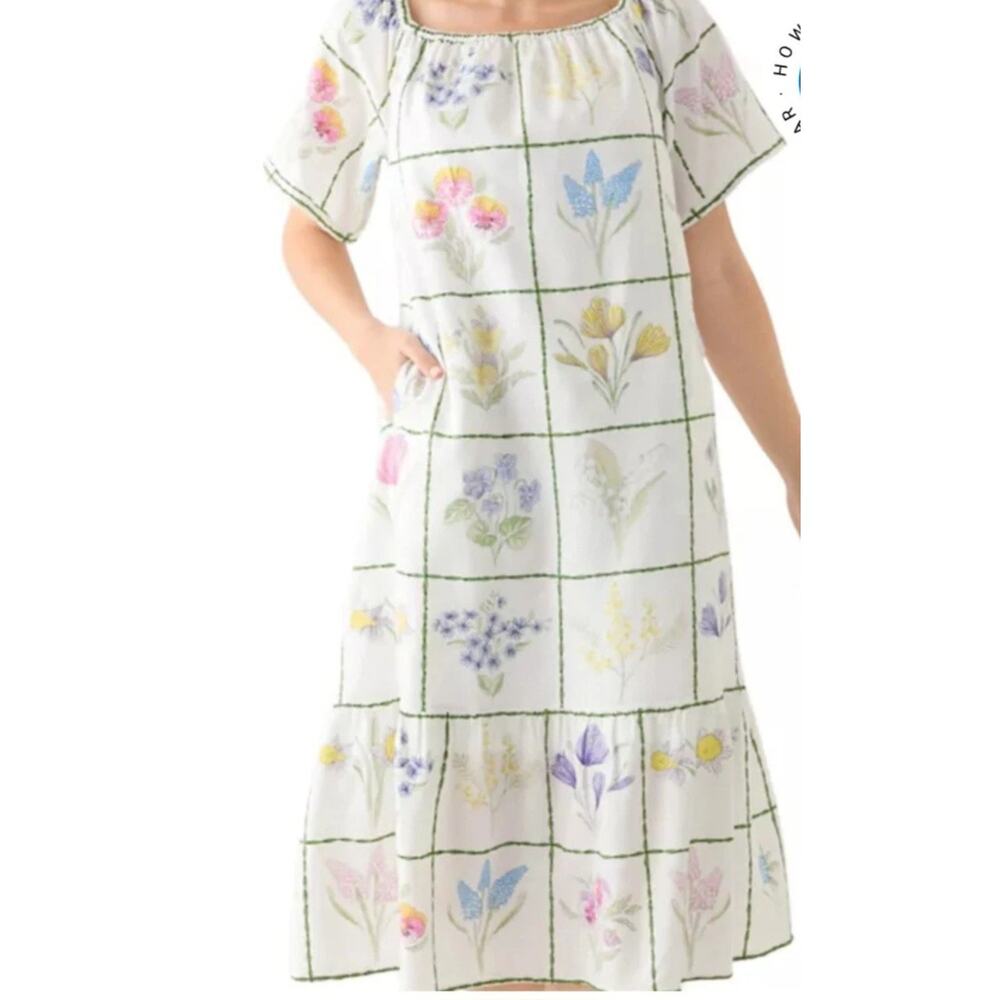 Crown & Ivy White Floral Grid Embroidered Dress Pastel Colors|with Pockets Boho